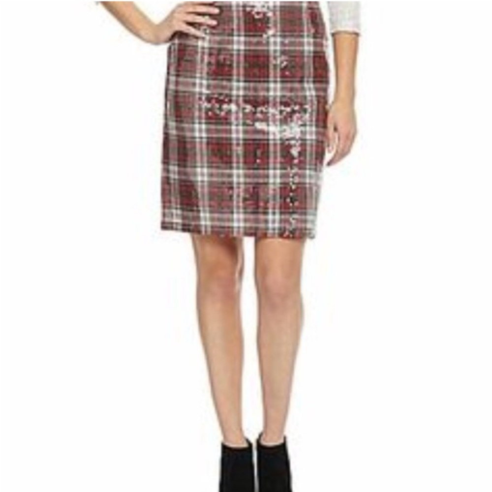 Daniel Cremieux Red and White Sequin Tartan Plaid Pencil Skirt
